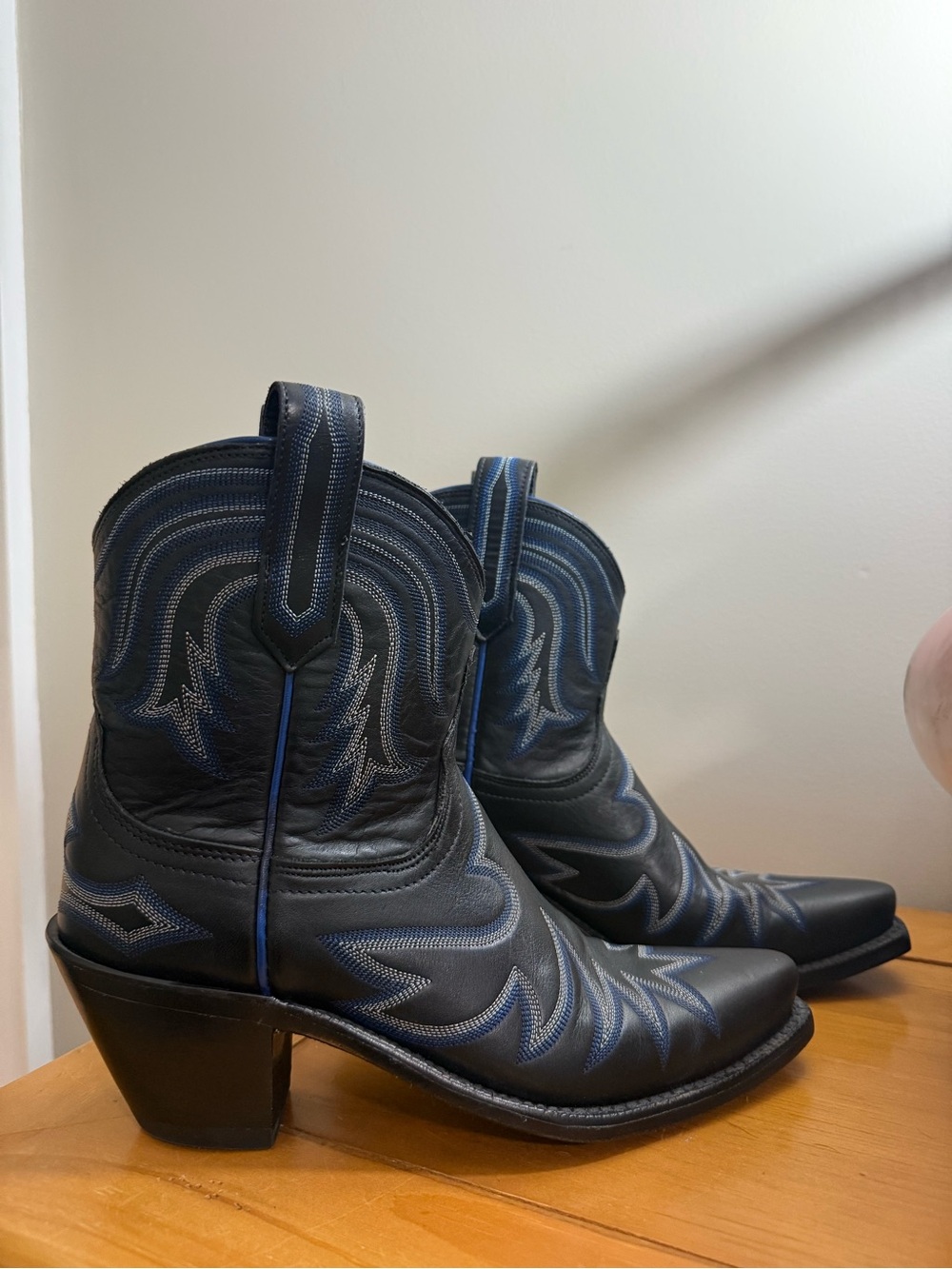 Lucchese Black Leather Boots with Blue Accent Stitching